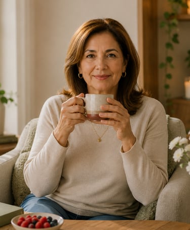 Mujer de 60 años disfrutando de un té tras su consulta nutricional personalizada