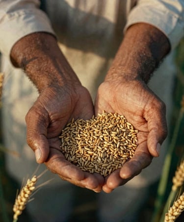 Cinematic close-up of a Pakistani Punjabi farmer's hands gently holding a cluster of golden wheat grains in warm late-afternoon sunlight, medium format film.