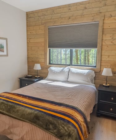 Cozy rustic bedroom with a wooden accent wall, queen bed, and forest views through the window.
