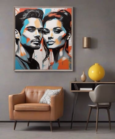 Retrato pop-art de casal com sorrisos radiantes e fundo geométrico.