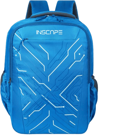 a peacock color backpack with line design print on it