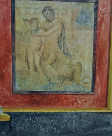 Détails d'une peinture murale inspirée des fresques pompéiennes, mythologie et dieux.