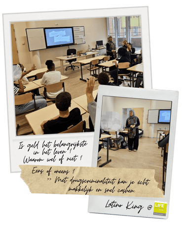 Students in a classroom at Life College participating in a debate about money and drug crime.