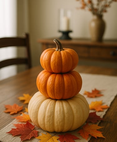 a rustic fall centerpiece with three stacked pumpkins on a wooden dining table