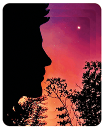 Pop art of man in silhouette against a violet and orange sky with lunar eclipse