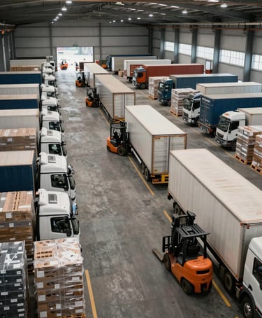 Overhead wide-angle view of a logistics distribution hub, trucks aligned in bays, forklifts moving palletized cargo under industrial lighting, clear sightlines across the full warehouse floor, natural light from skylights, emphasizing operational scale and order