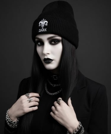 Woman in gothic aesthetic wearing a black beanie, dark makeup, and silver chain jewelry.