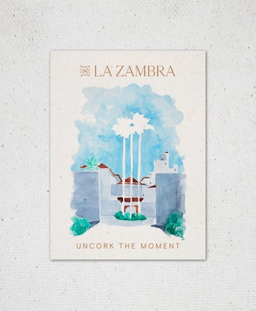 Etiqueta de vino ilustrada a mano para La Zambra Resort, Mijas, Costa del Sol