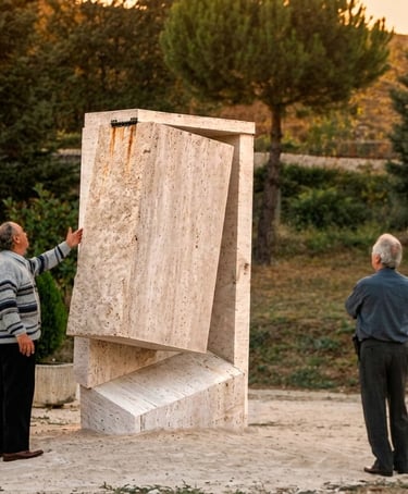 Visitors admire a modern geometric limestone sculpture in an outdoor park setting.