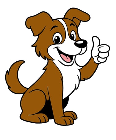 Scout the mascot, a brown and white dog giving a thumbs up and a smile