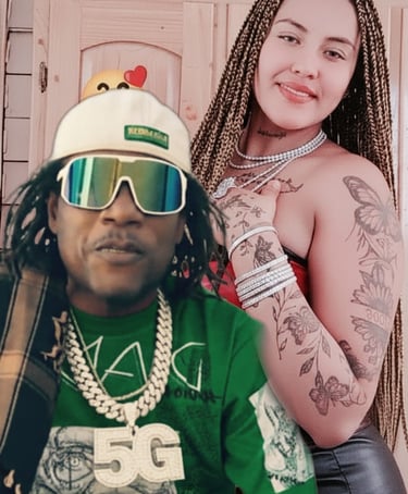 a woman with tattoos on her chest and a man with a hat