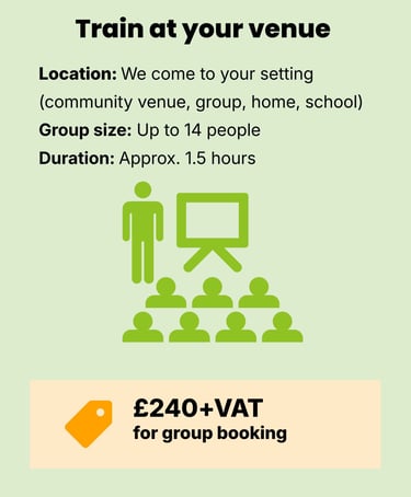 information on training at your venue, green icon of people learning. Price £240 per group