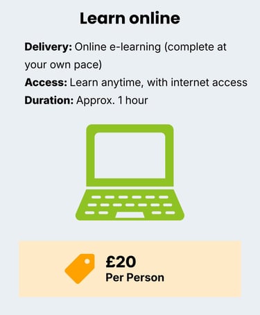 information on online learning with a green computer icon. Price £20 per person