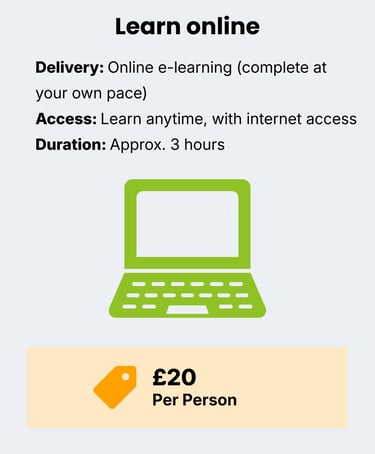 Information about online learning with a green computer icon. Price £20 per person