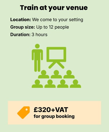 Information on training at your venue, green icon of people learning. Price £320 per group
