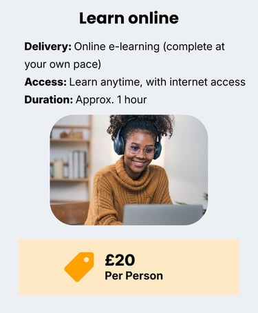 Information about online learning with a green computer icon. Price £20 per person