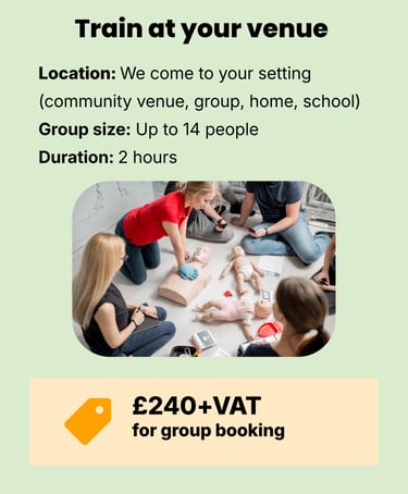 information on training at your venue, green icon of people learning. Price £240 per group