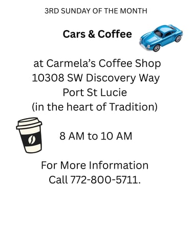 A flyer for a coffee and cars meet-up in Port St. Lucie, FL