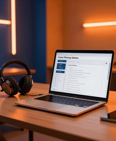 Dynamic wide shot of a creative workspace in Belgium, a laptop with open career planning tools next to professional audio headphones, warm orange neon ambient lighting