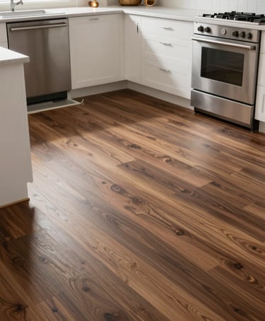 Before and after shot of a living room transformed with new laminate flooring.