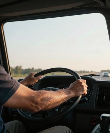 Close-up of a truck driver's hands on a steering wheel, crisp early morning daylight filtering through the windshield, professional trucking lifestyle, 35mm lens