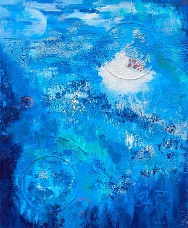 Textured abstract art in gradations of blue and soft green, brushed with bronze