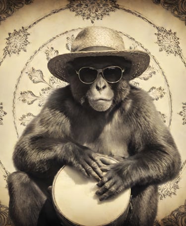 Monkey in sunglasses with a hat playing Bongos