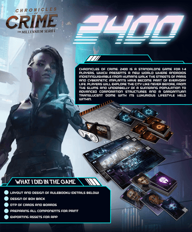 I designed layout and graphic design for rulebook, back of the box, cards and boards.