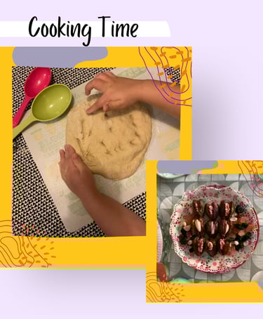 Kids cooking in Lisbon. A child's hands kneading dough and stuffed dates with nuts and seeds.