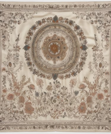 A luxurious interior setting with ornate wall coverings and curtains featuring intricate patterns. A plush, patterned cushion rests on an upholstered couch, also detailed with elaborate designs. A metallic pot holds vibrant orange flowers, adding a touch of color to the scene.
