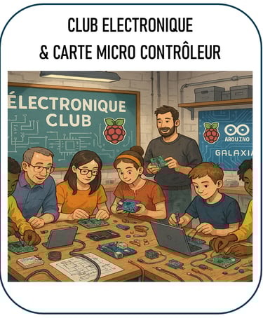 llustration représentant un club autour de l’électronique et des cartes Raspberry Pi, Arduino, Galax