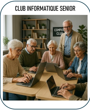 photo illustrant un club informatique pour seniors : des personnes âgées réunies autour de tables av