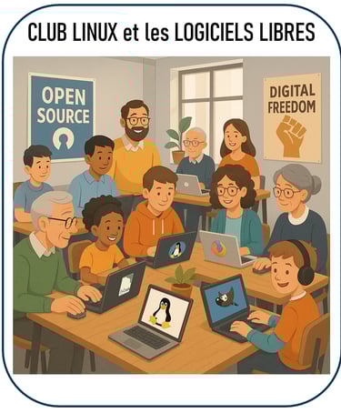 illustration représentant un club autour de Linux et des logiciels libres, avec des personnes de tou