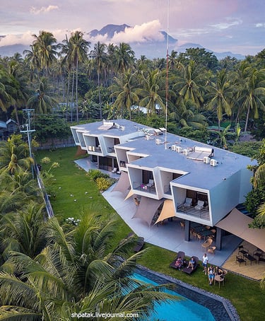 a house with a pool and palm trees