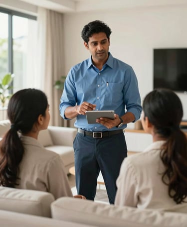 Photography of a professional South Asian property manager talking to a couple in a modern, sun-drenched Indian living room. The manager is holding a tablet, explaining the rental process. The atmosphere is professional and supportive, featuring a color palette of off-white and medium blue.