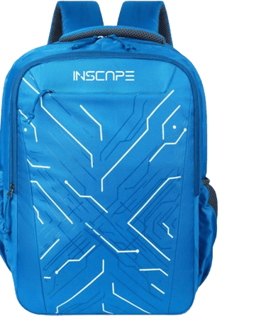 a peacock color backpack with line design print on it