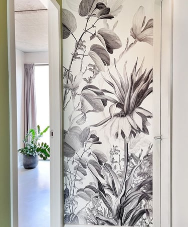papier peint floral, décoration murale, porte coulissante, cloison décorative, intérieur moderne
