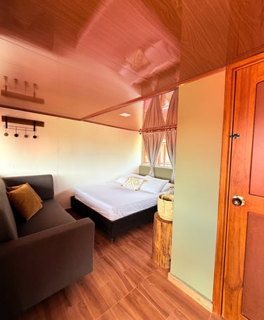 Habitación con cama doble, sofá, con ventanas