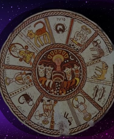 Ancient Beth Alpha mosaic wheel featuring Hebrew zodiac signs and Helios