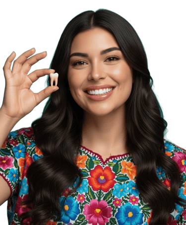 Mujer sonriente sosteniendo una muela extraída, representando extracción de muelas del juicio.