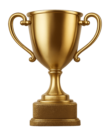 A detailed golden trophy award with a rectangular base.