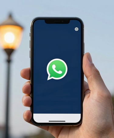 Close-up of a hand holding a modern smartphone displaying a WhatsApp location share screen, bright daylight, crisp editorial photography.
