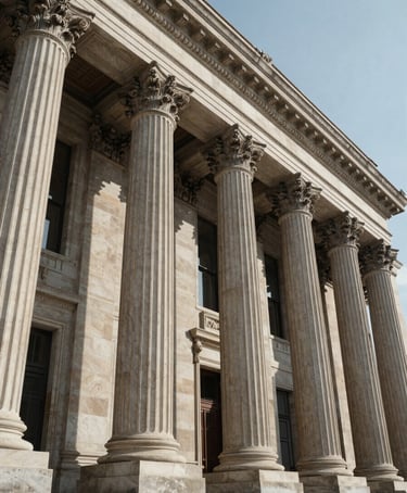 Low-angle architectural view of a neoclassical sovereign financial institution, strong structured stone columns, deep shadows, crisp daylight, formal and commanding composition.