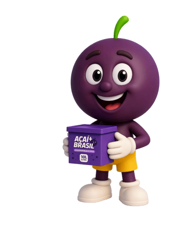 Mascote da Açaí Mais Brasil contente segurando uma caixa de Açaí 10L