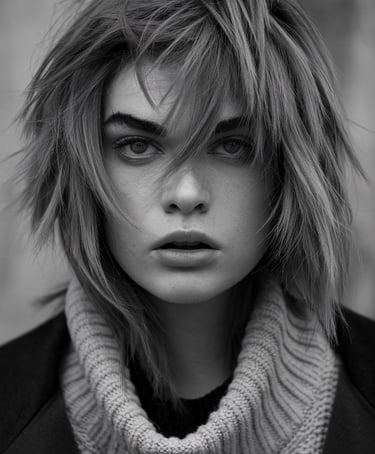 Book Photo Portrait en noir et blanc d'une femme aux cheveux décoiffés, portant un pull à col roulé