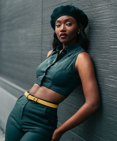 Henrick Atelier Photo Femme Black en tenue verte, posant contre un mur avec un béret assorti