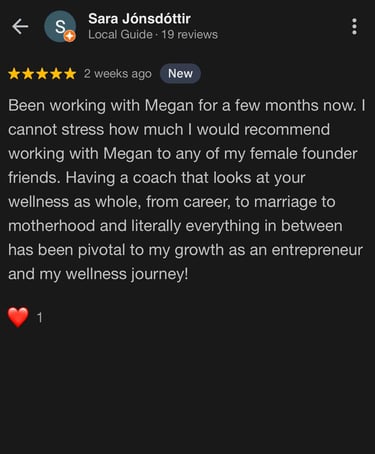 Genuine Excellent review for Megan Swan Wellness Coaching.