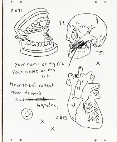 Rough painting on wooden board of a skull teeth a heart a smiley face cryptic text and codes