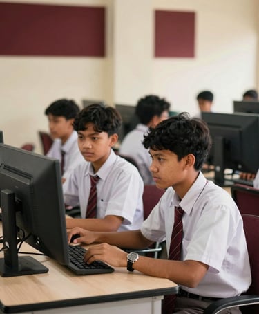 Candid eye-level photo of Indonesian high school students collaborating in a bright, modern computer laboratory, warm natural daylight, rich maroon accents, 35mm photography
