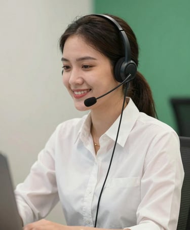 A professional customer support agent in a modern Southeast Asian / Indonesian office wearing a headset, smiling, clean background with off-white and medium forest green accents, bright lighting.